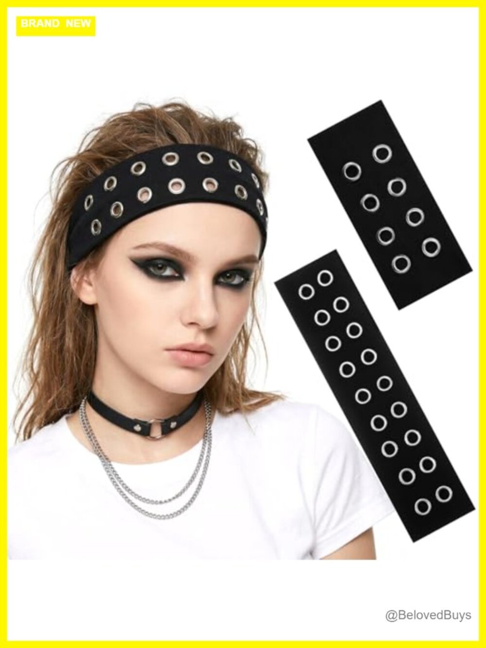 2pc Black Grommet Headband Set for Women Men Elastic Goth Hair Accessory